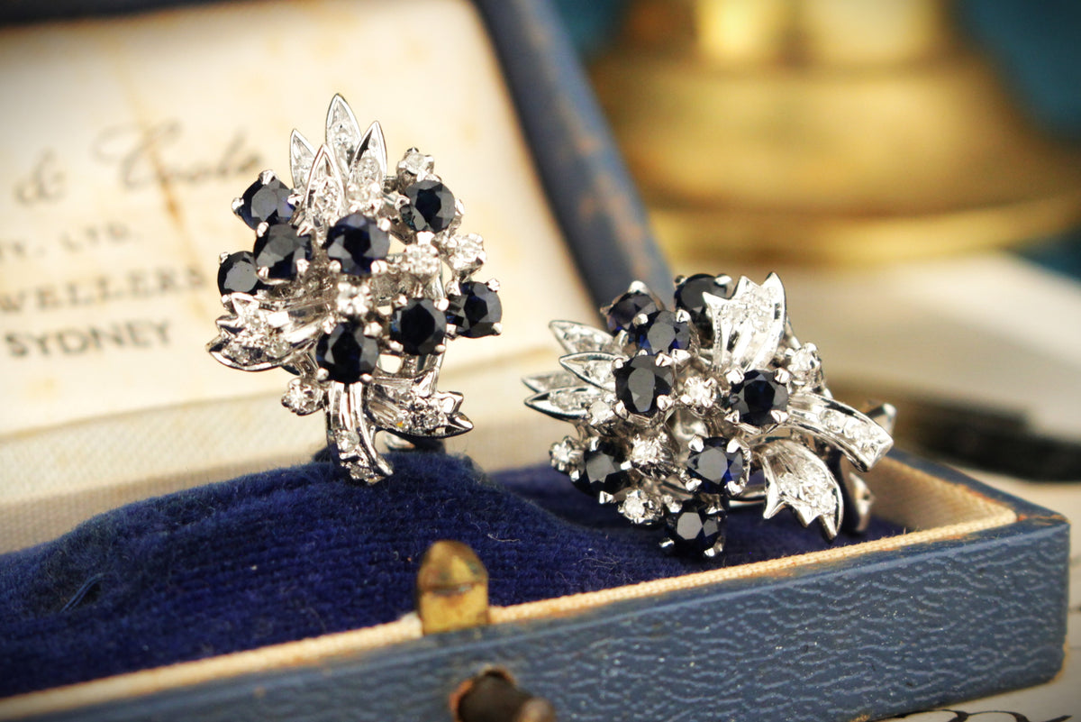 VINTAGE c1940 SAPPHIRE &amp; DIAMOND EARRINGS 18ct WHITE GOLD