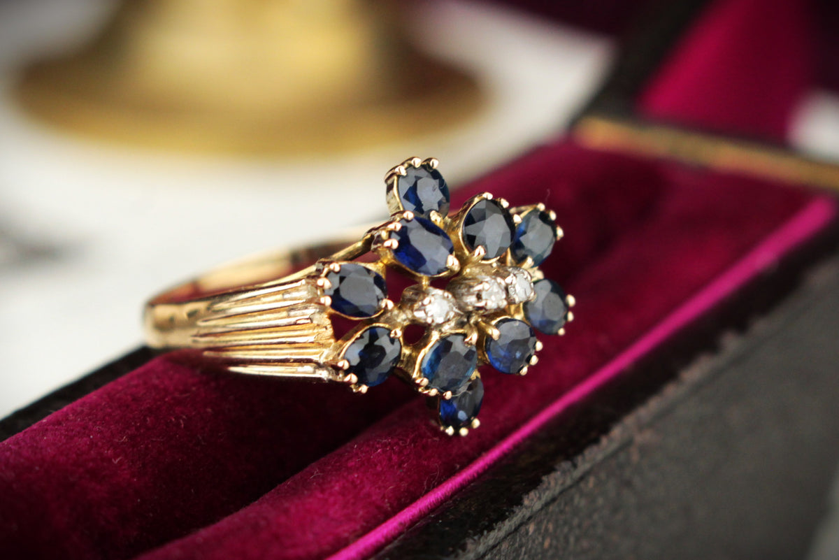 VINTAGE c1940 SAPPHIRE &amp; DIAMOND DRESS RING 14ct GOLD