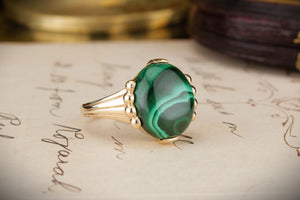 'THE CONSTANCE' MALACHITE RING BY R&V ON 9ct YELLOW GOLD