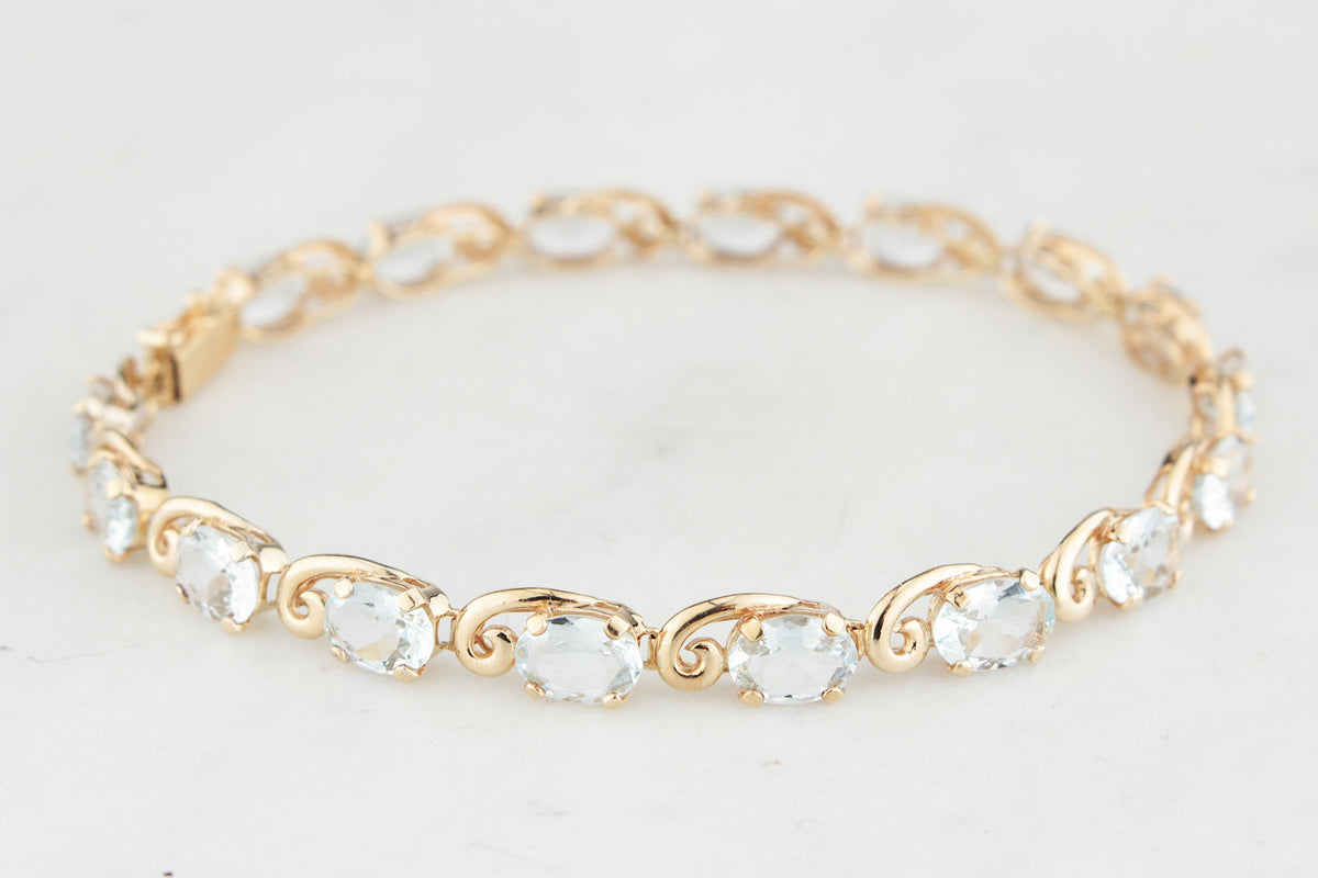 VINTAGE 8.50ct AQUAMARINE LINE BRACELET 10ct GOLD