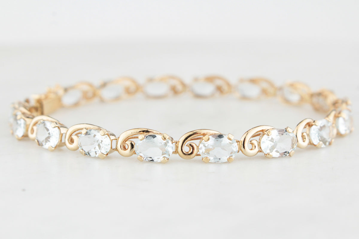 VINTAGE 8.50ct AQUAMARINE LINE BRACELET 10ct GOLD