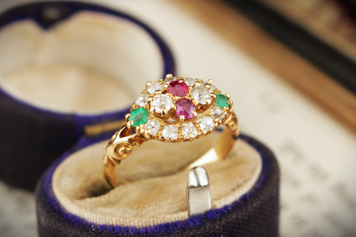 ANTIQUE LATE VICTORIAN 1889 DIAMOND RUBY &amp; EMERALD RING 18ct GOLD