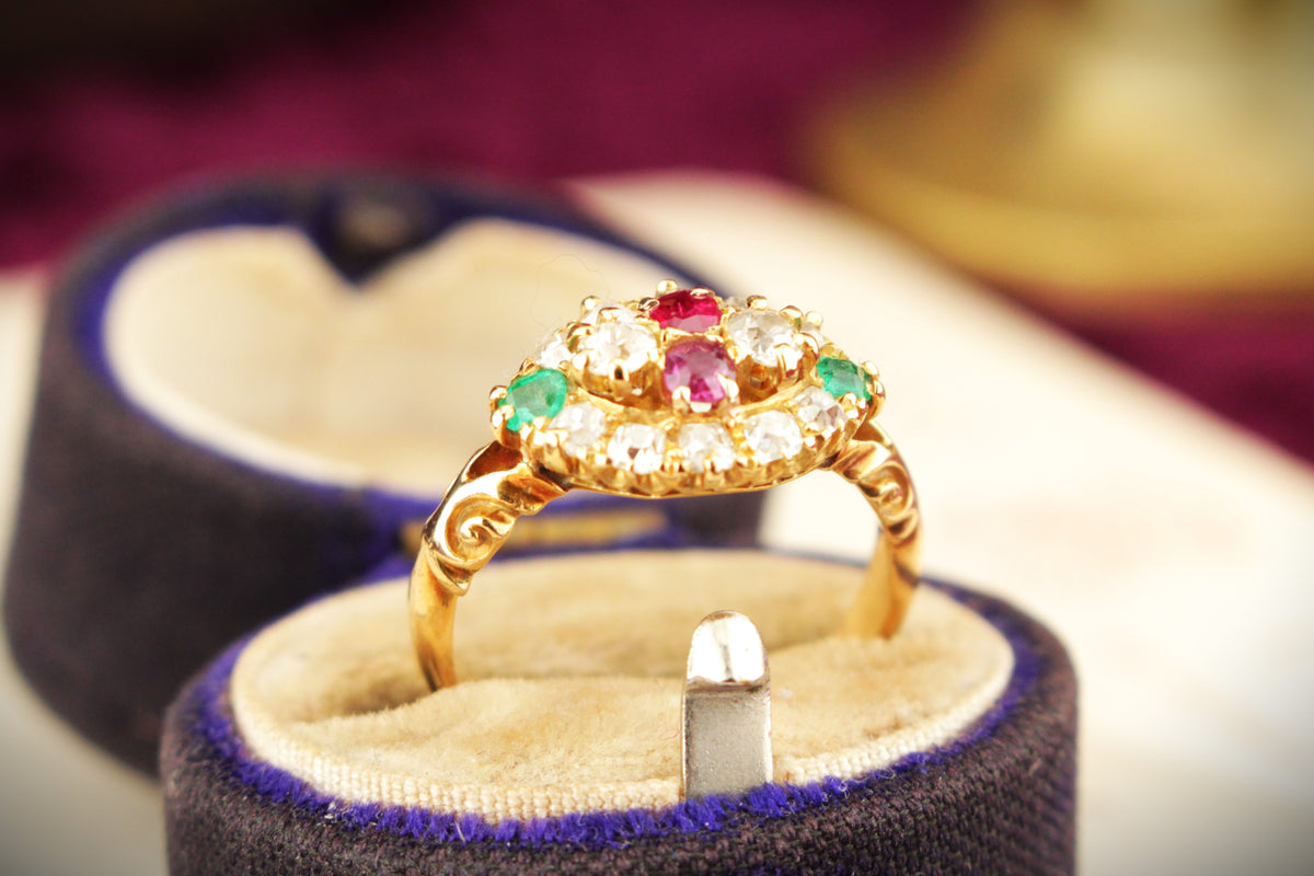 ANTIQUE LATE VICTORIAN 1889 DIAMOND RUBY &amp; EMERALD RING 18ct GOLD