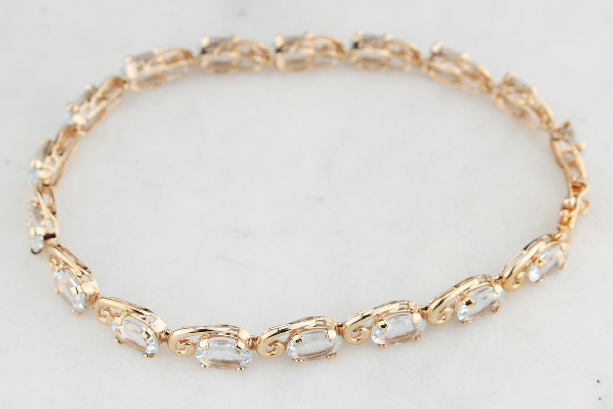 VINTAGE 8.50ct AQUAMARINE LINE BRACELET 10ct GOLD