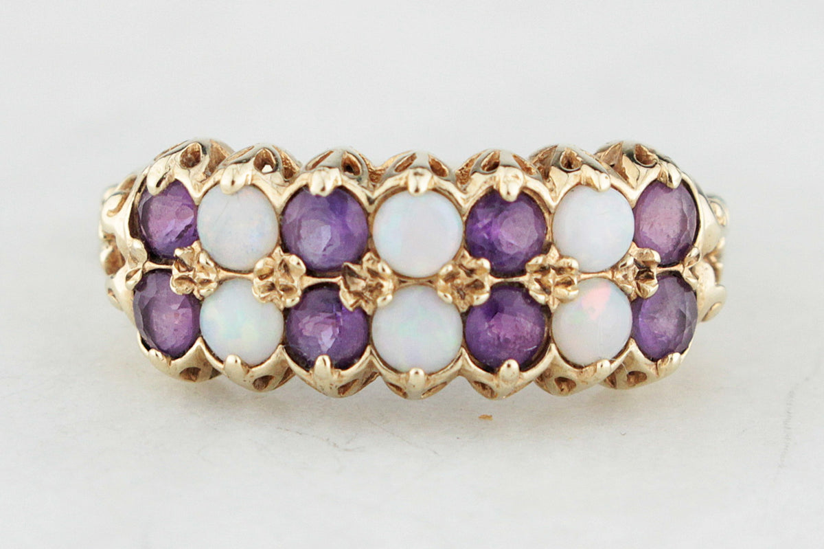 RETRO c1970’S AMETHYST &amp; SOLID OPAL RING 9ct GOLD