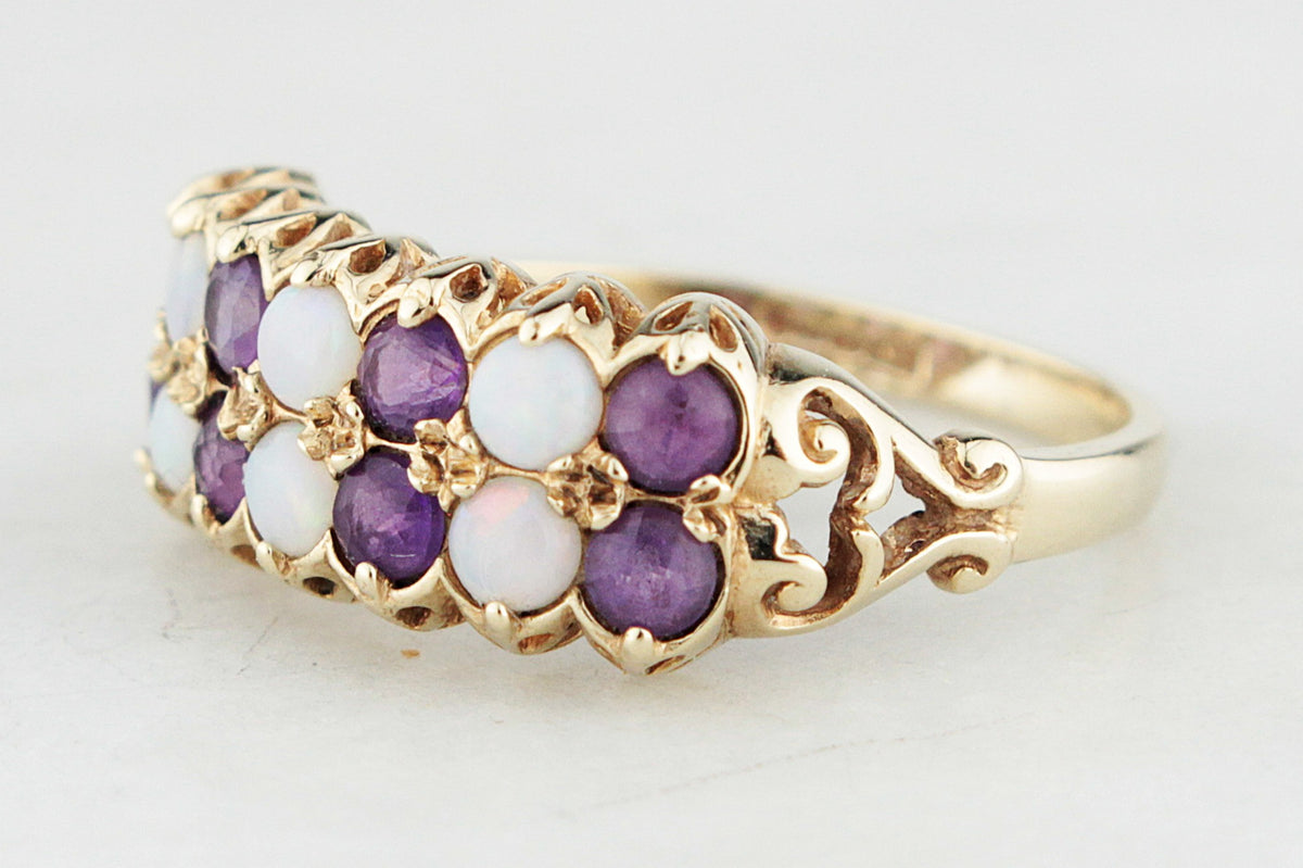 RETRO c1970’S AMETHYST &amp; SOLID OPAL RING 9ct GOLD