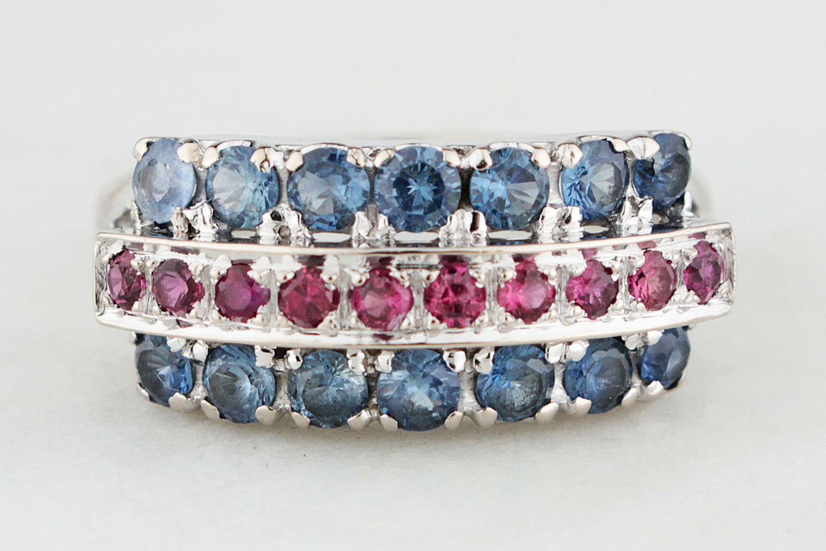ART DECO CEYLON SAPPHIRE &amp; RUBY RING 14ct WHITE GOLD