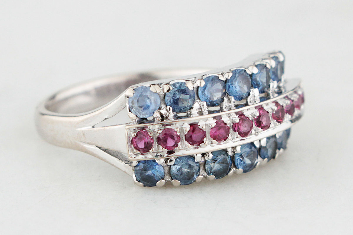 ART DECO CEYLON SAPPHIRE &amp; RUBY RING 14ct WHITE GOLD