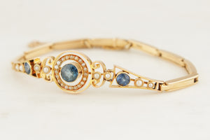 ANTIQUE EDWARDIAN c1900 SAPPHIRE & PEARL BRACLET 15ct GOLD