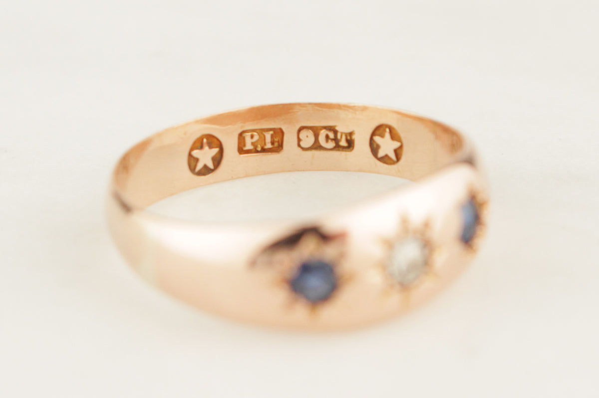 ANTIQUE EDWARDIAN c1900 SAPPHIRE & DIAMOND RING 9ct ROSE GOLD