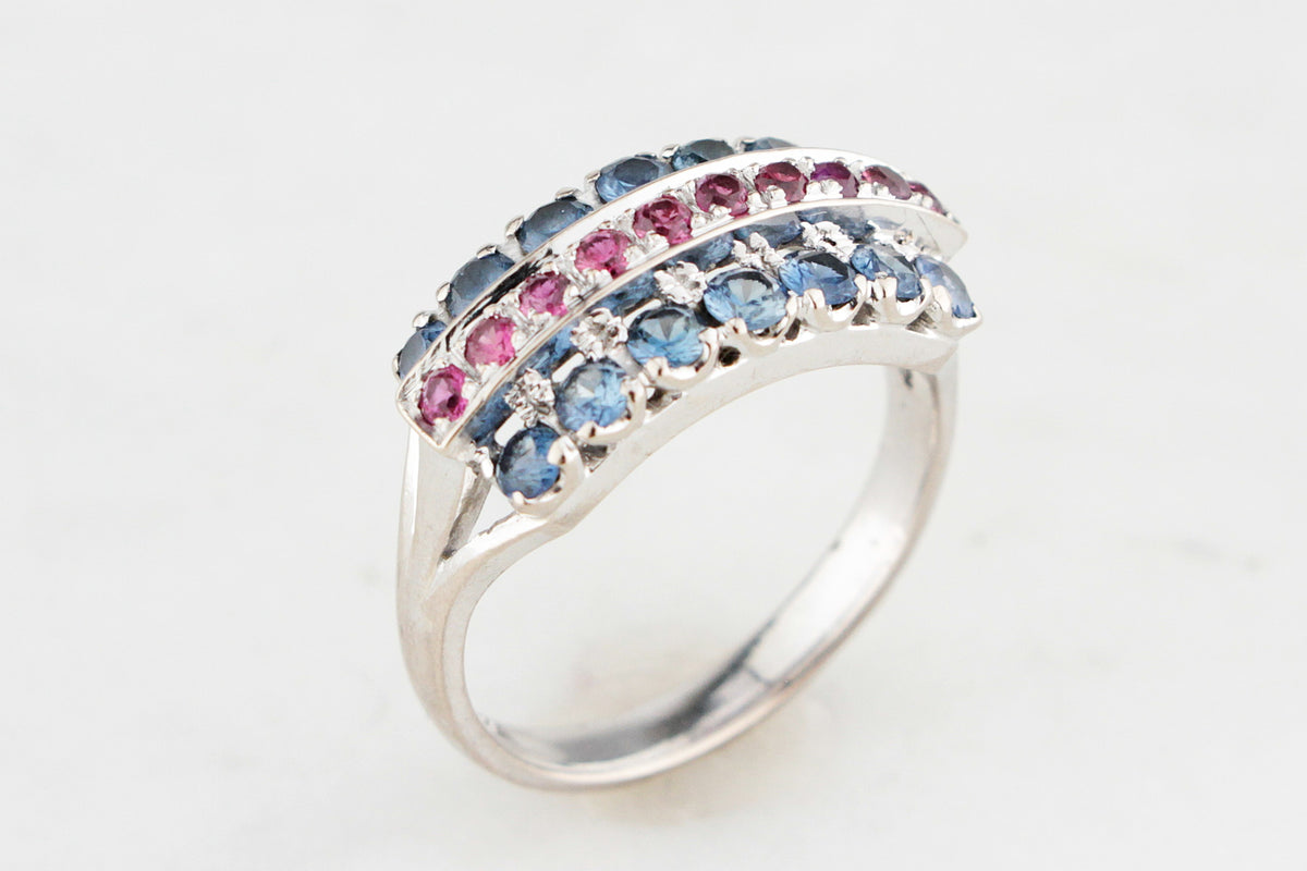 ART DECO CEYLON SAPPHIRE &amp; RUBY RING 14ct WHITE GOLD