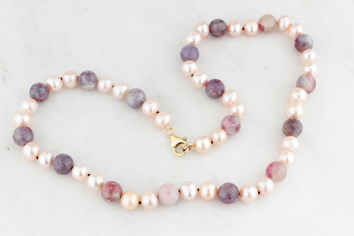 BESPOKE BLUSH PEARL &amp; PLUM TOURMALINE NECKLACE 9ct GOLD