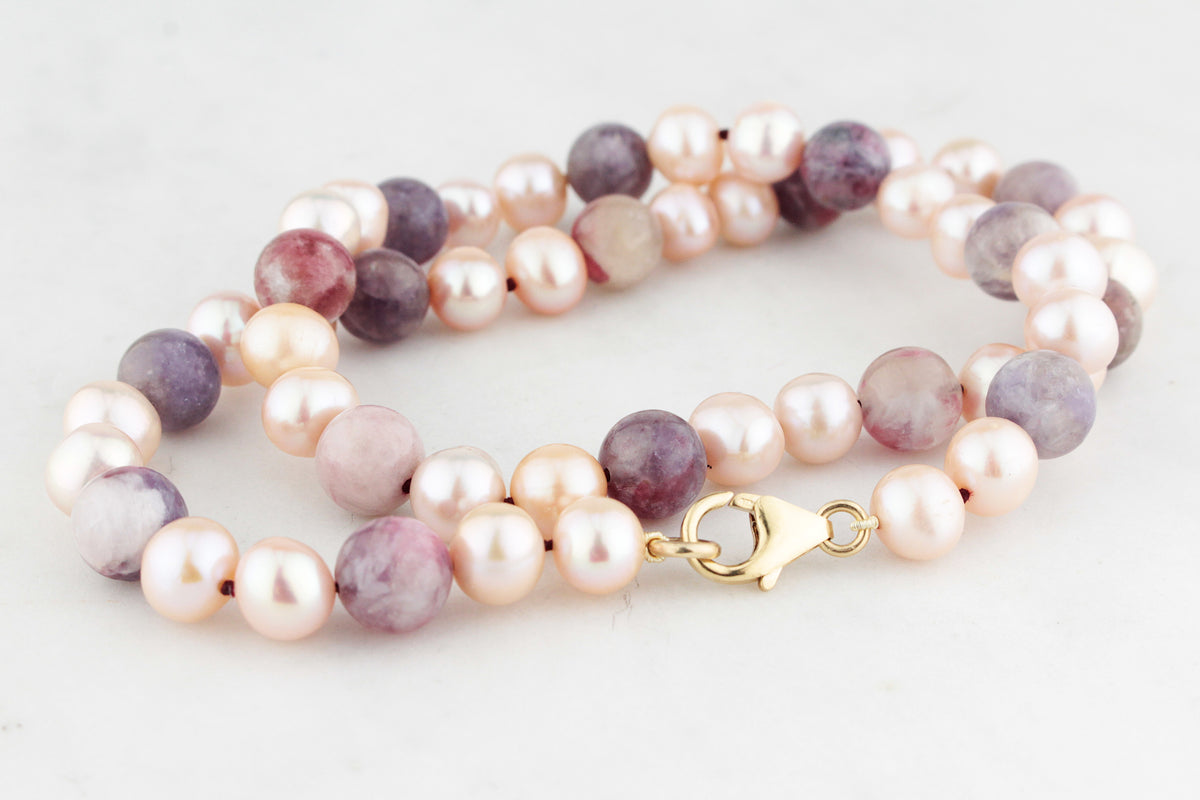 BESPOKE BLUSH PEARL &amp; PLUM TOURMALINE NECKLACE 9ct GOLD