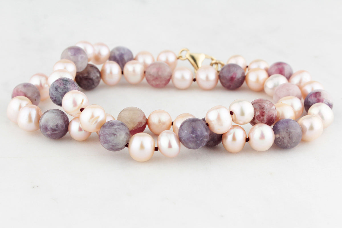 BESPOKE BLUSH PEARL &amp; PLUM TOURMALINE NECKLACE 9ct GOLD