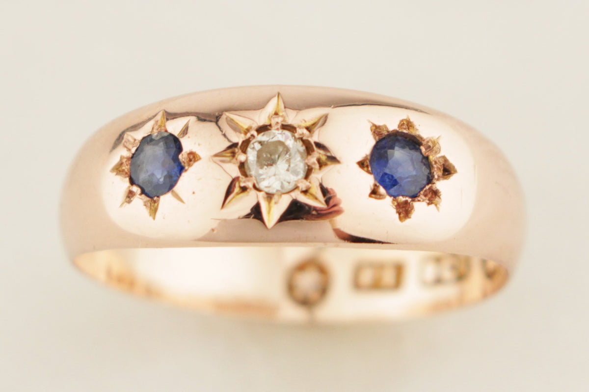 ANTIQUE EDWARDIAN c1900 SAPPHIRE & DIAMOND RING 9ct ROSE GOLD