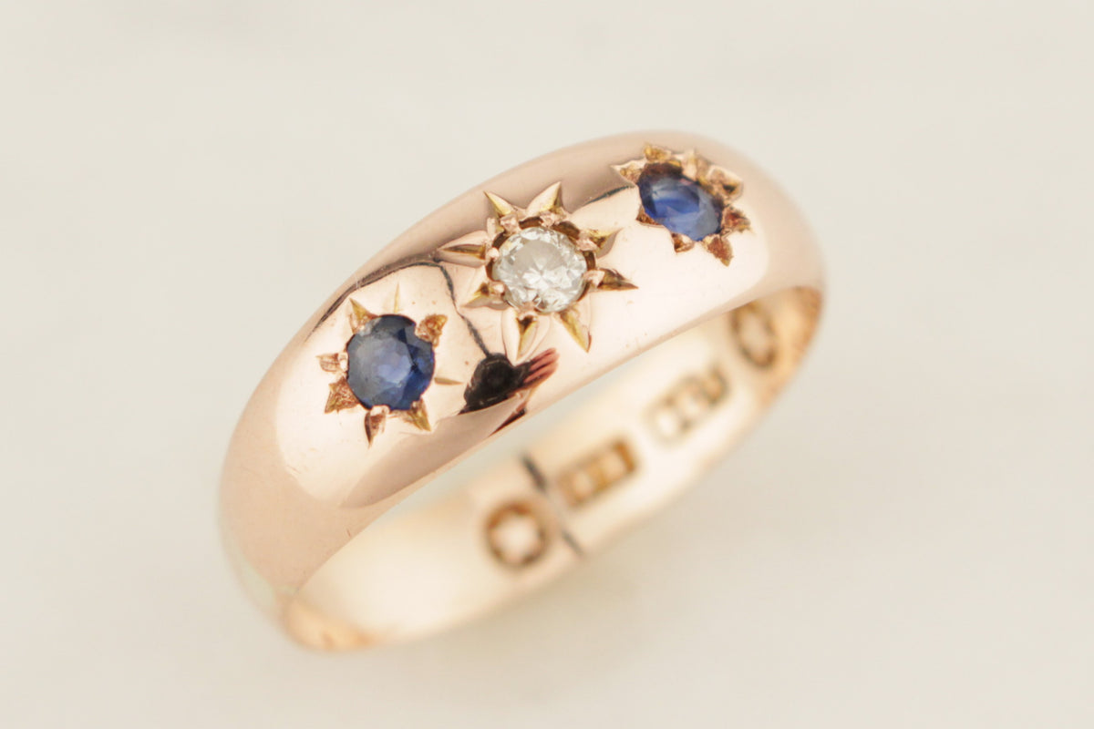 ANTIQUE EDWARDIAN c1900 SAPPHIRE & DIAMOND RING 9ct ROSE GOLD