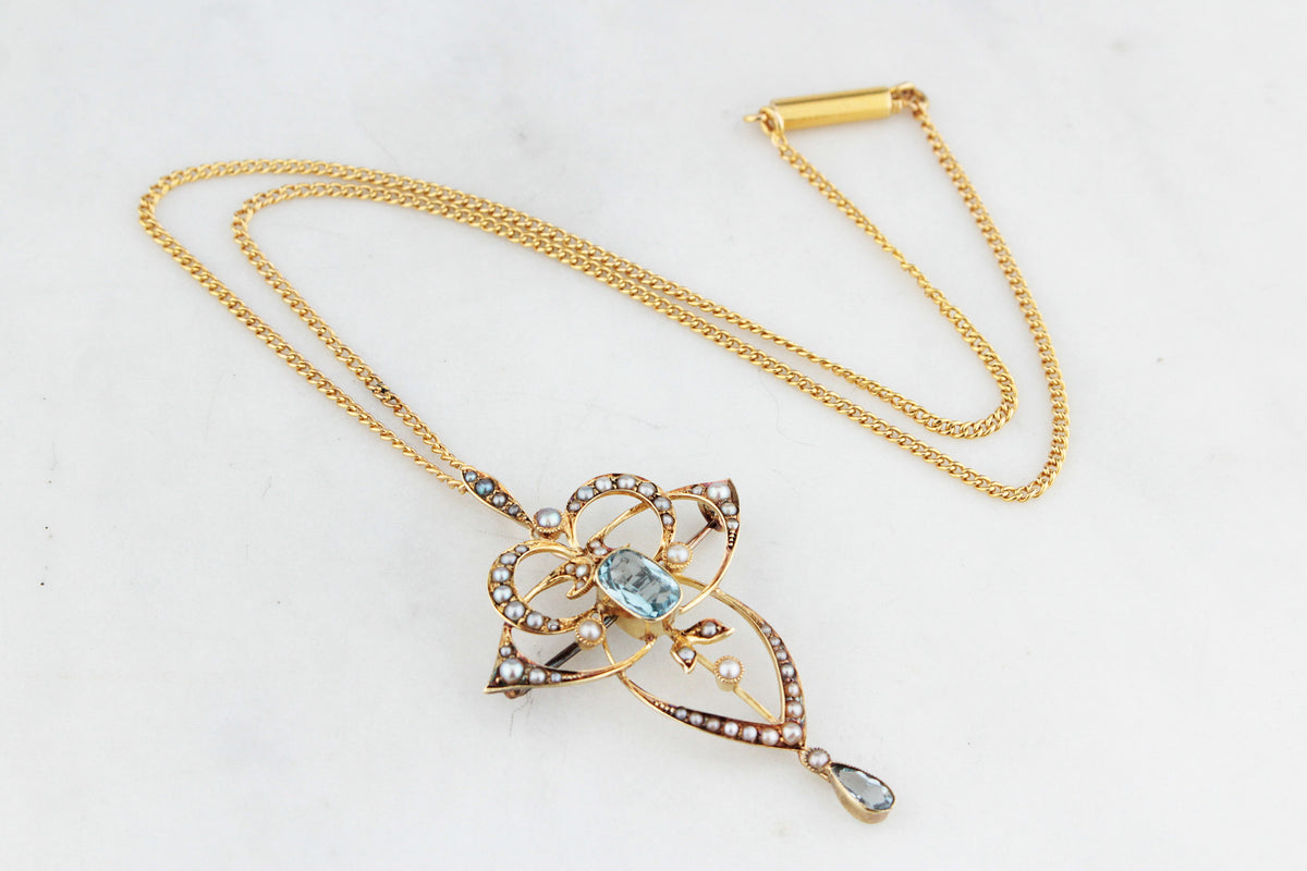 ANTIQUE EDWARDIAN 1912 AQUAMARINE & SEED PEARL PENDANT 15ct GOLD