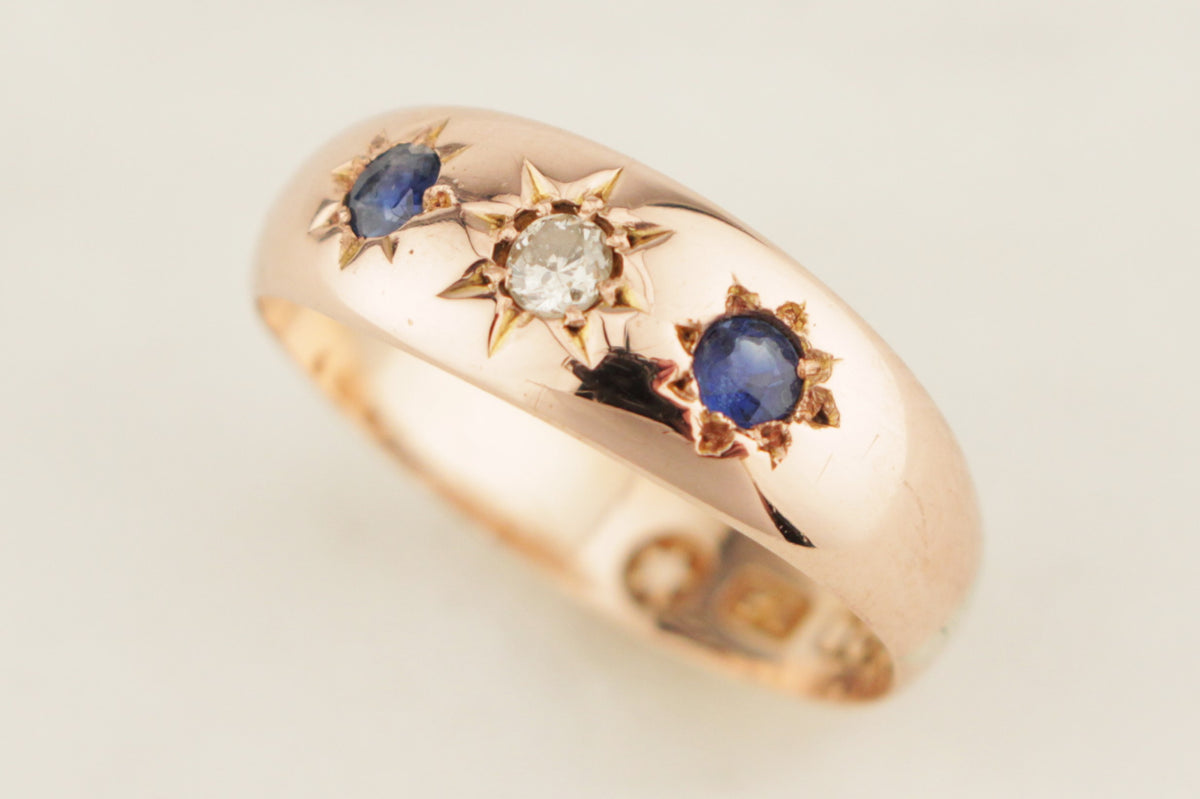 ANTIQUE EDWARDIAN c1900 SAPPHIRE & DIAMOND RING 9ct ROSE GOLD