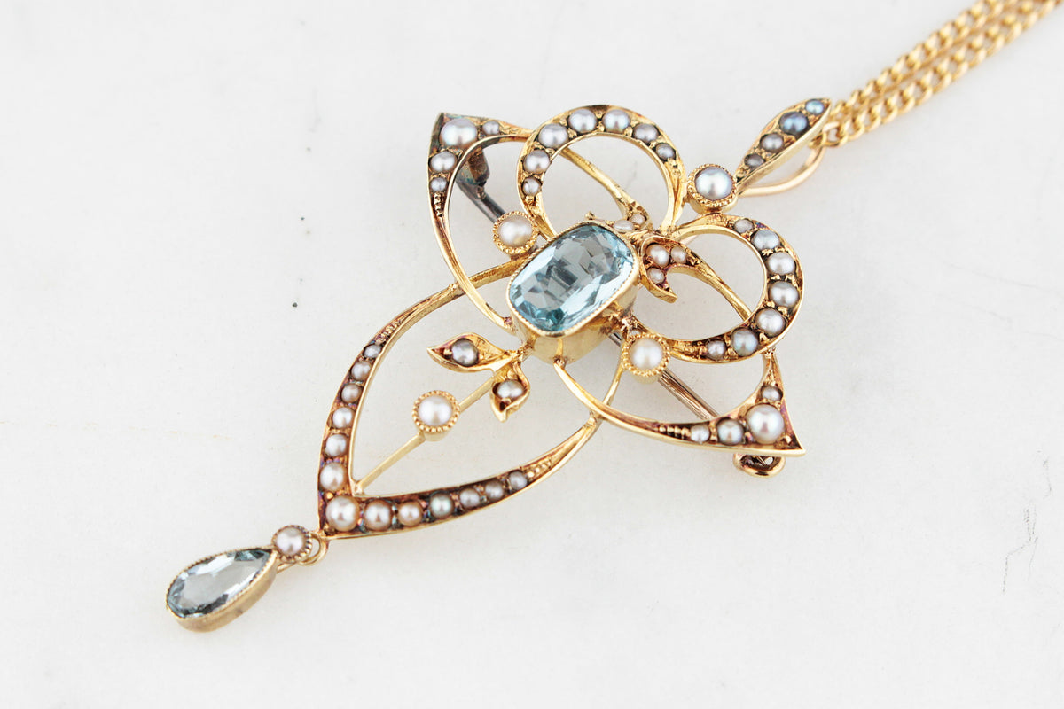 ANTIQUE EDWARDIAN 1912 AQUAMARINE & SEED PEARL PENDANT 15ct GOLD
