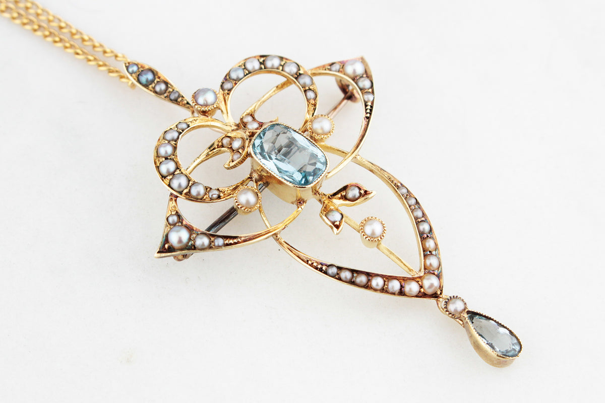 ANTIQUE EDWARDIAN 1912 AQUAMARINE & SEED PEARL PENDANT 15ct GOLD