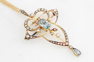 ANTIQUE EDWARDIAN 1912 AQUAMARINE & SEED PEARL PENDANT 15ct GOLD