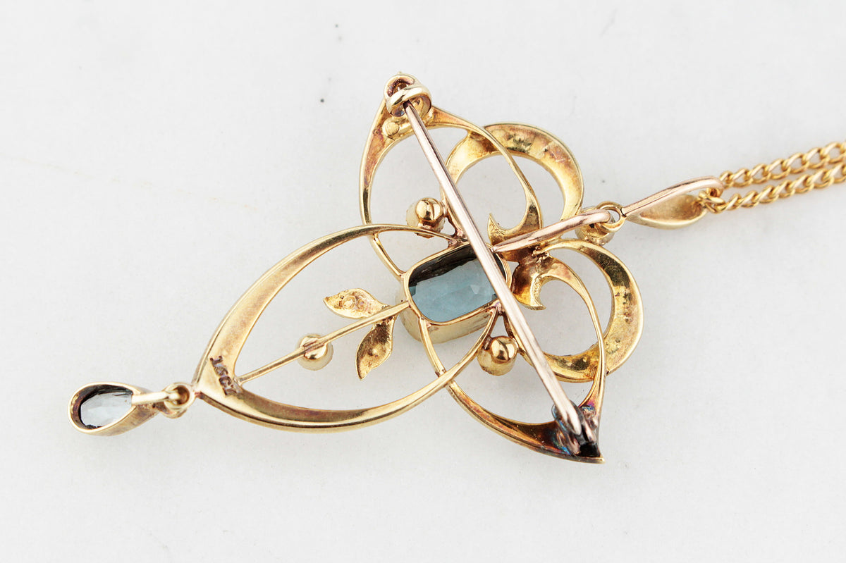 ANTIQUE EDWARDIAN 1912 AQUAMARINE & SEED PEARL PENDANT 15ct GOLD