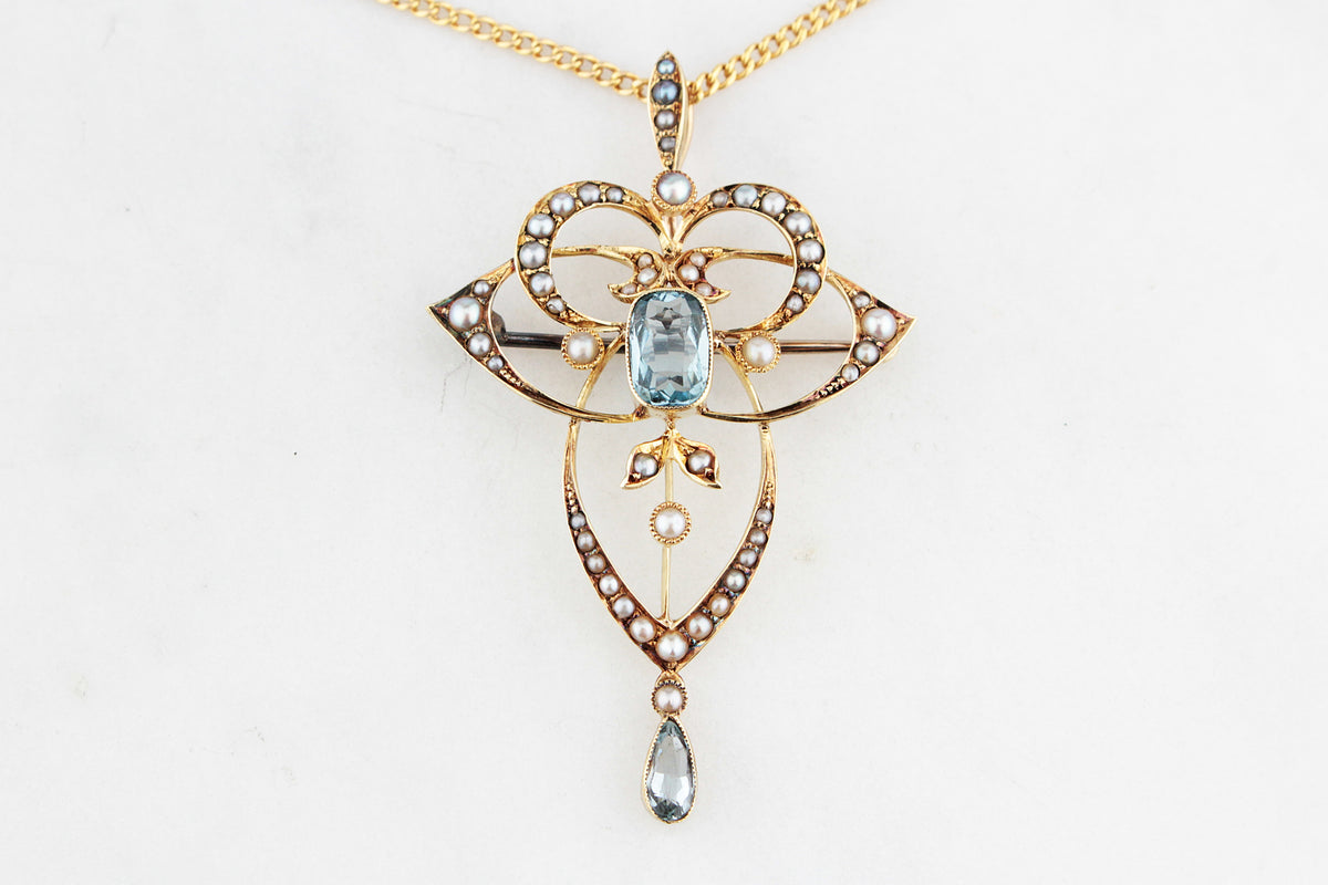 ANTIQUE EDWARDIAN 1912 AQUAMARINE & SEED PEARL PENDANT 15ct GOLD
