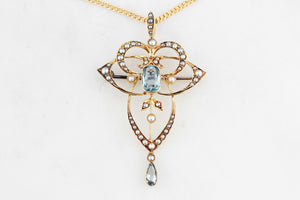 ANTIQUE EDWARDIAN 1912 AQUAMARINE & SEED PEARL PENDANT 15ct GOLD
