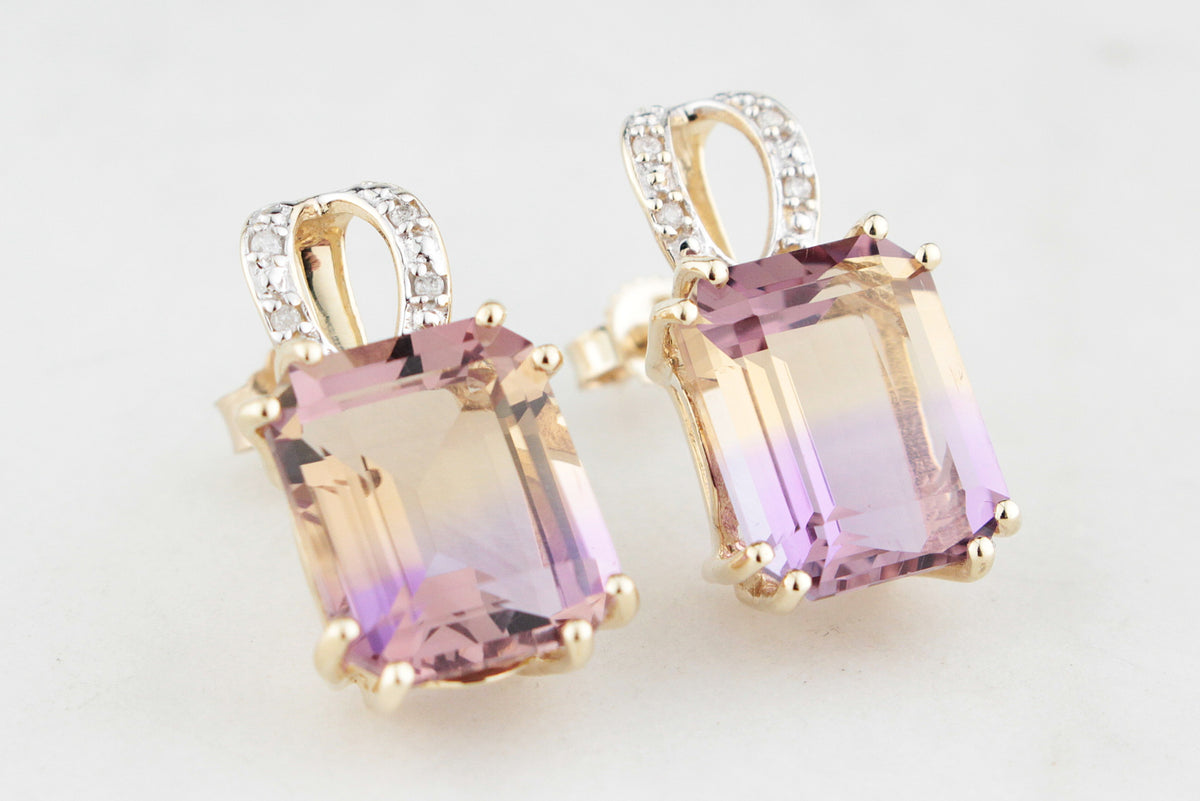 MODERN 10.20ct AMETRINE &amp; DIAMOND EARRINGS 9ct GOLD