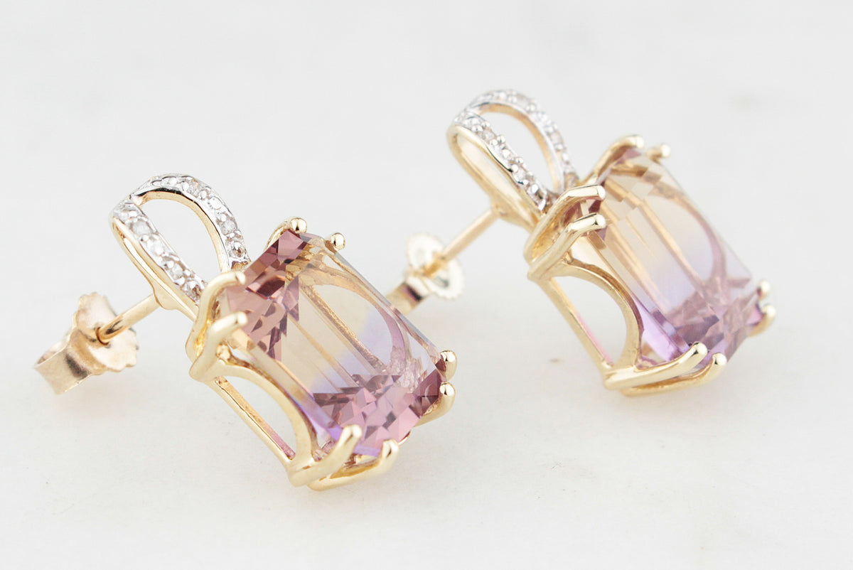MODERN 10.20ct AMETRINE &amp; DIAMOND EARRINGS 9ct GOLD