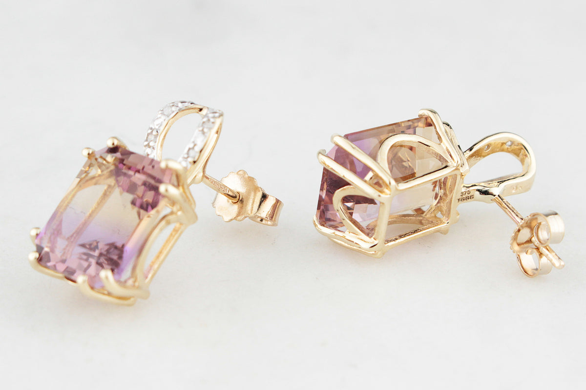 MODERN 10.20ct AMETRINE &amp; DIAMOND EARRINGS 9ct GOLD