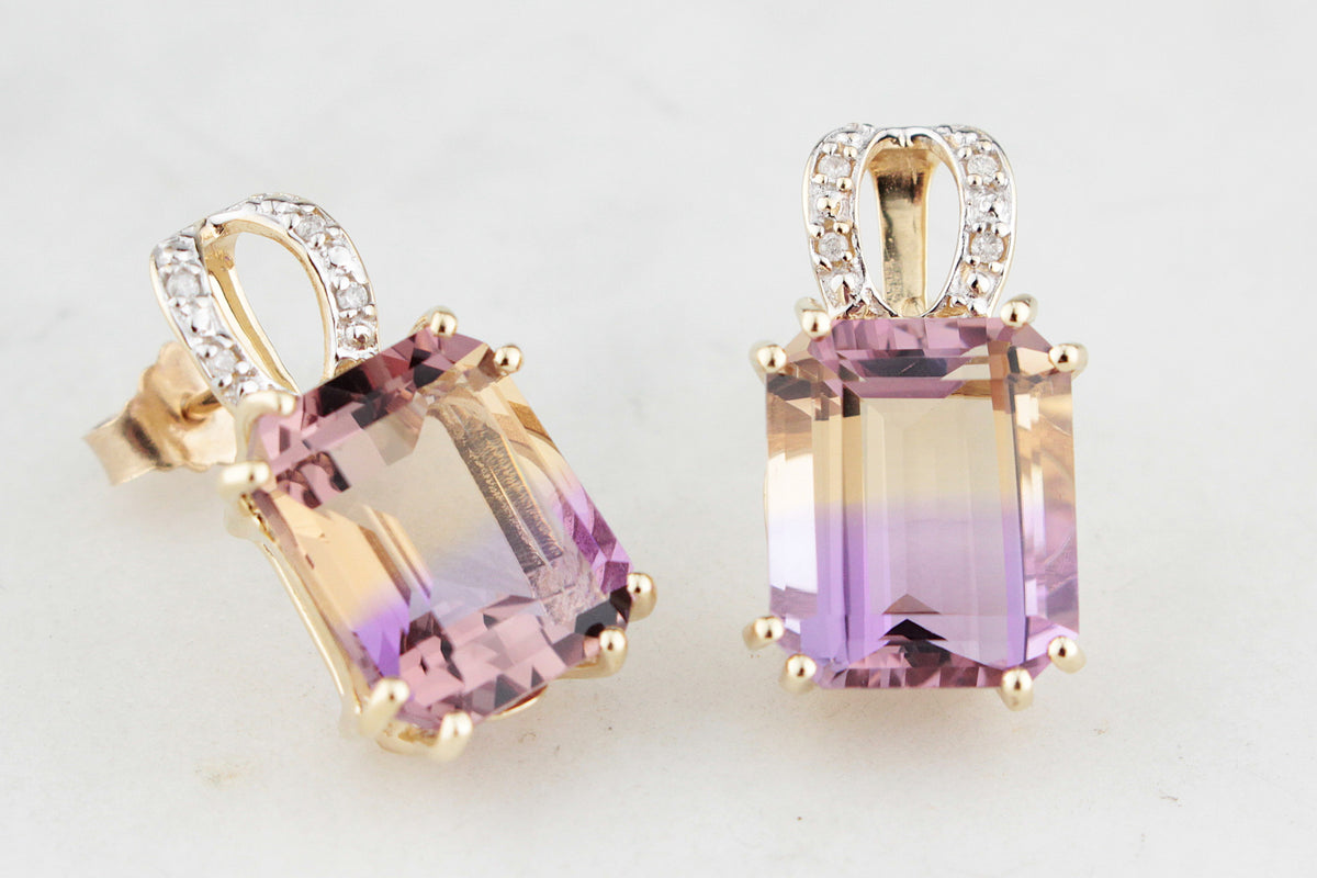 MODERN 10.20ct AMETRINE &amp; DIAMOND EARRINGS 9ct GOLD
