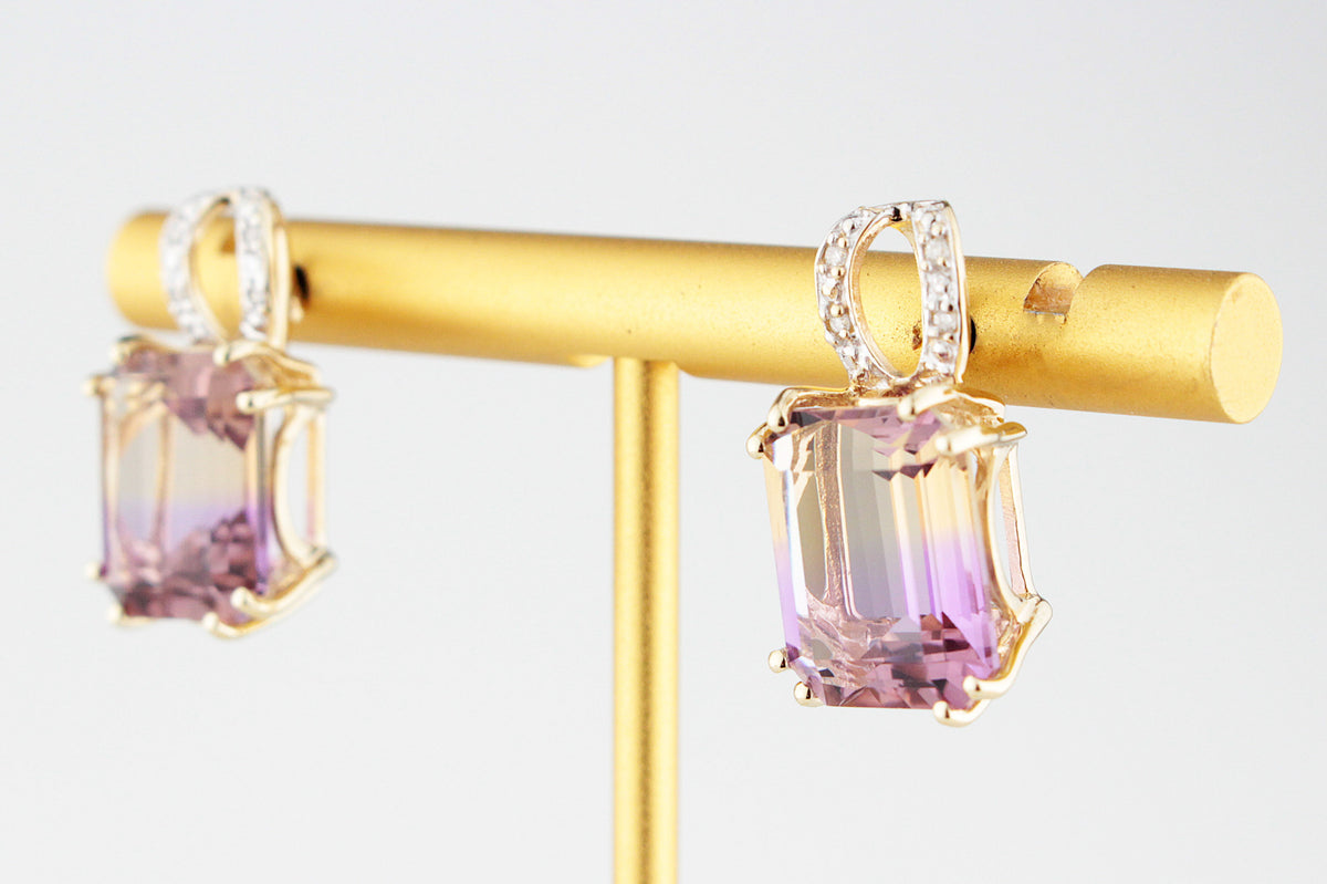 MODERN 10.20ct AMETRINE &amp; DIAMOND EARRINGS 9ct GOLD