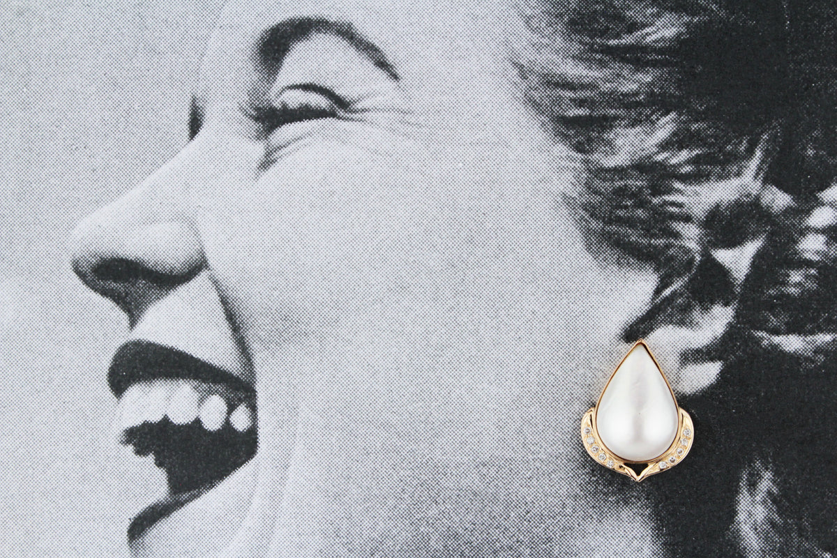 DESIGNER MABE PEARL &amp; DIAMOND STATEMENT EARRINGS 18ct GOLD