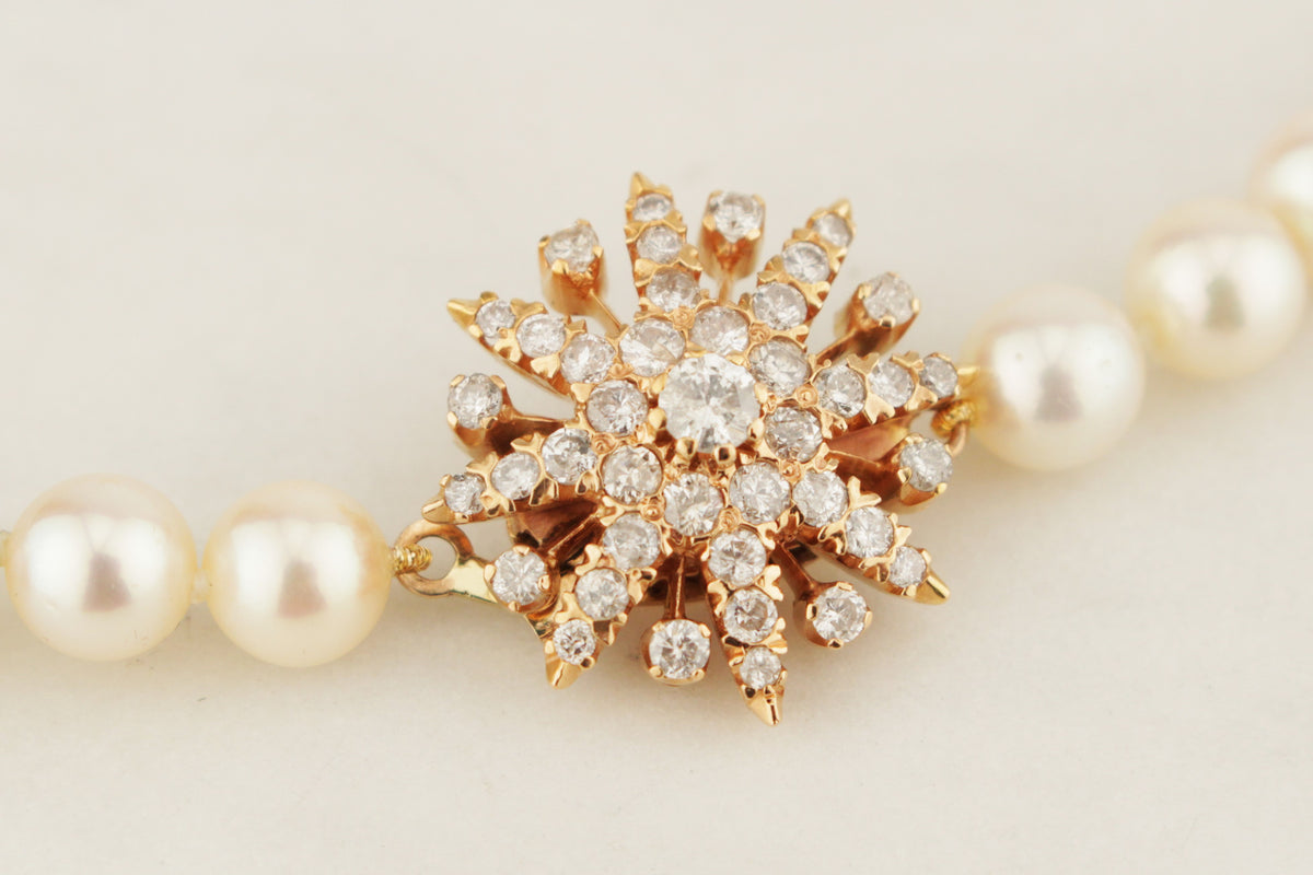LATE ART DECO c1940 AKOYA PEARL STRAND DIAMOND CLOSURE 14ct ROSE GOLD