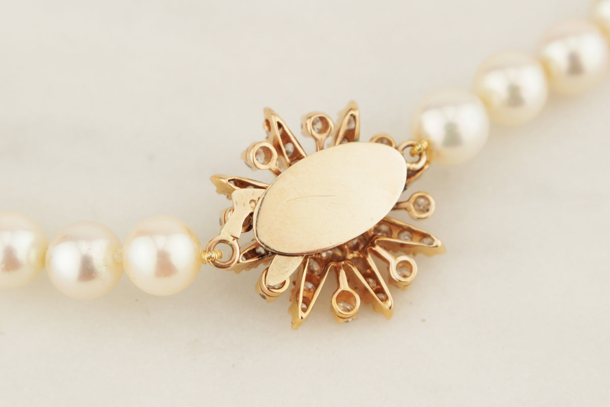 LATE ART DECO c1940 AKOYA PEARL STRAND DIAMOND CLOSURE 14ct ROSE GOLD