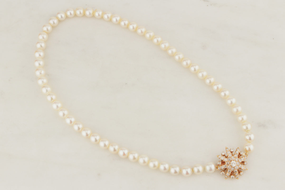 LATE ART DECO c1940 AKOYA PEARL STRAND DIAMOND CLOSURE 14ct ROSE GOLD