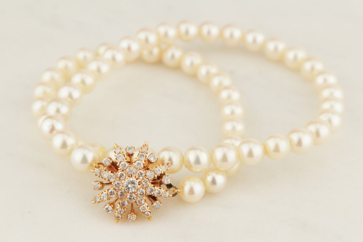 LATE ART DECO c1940 AKOYA PEARL STRAND DIAMOND CLOSURE 14ct ROSE GOLD