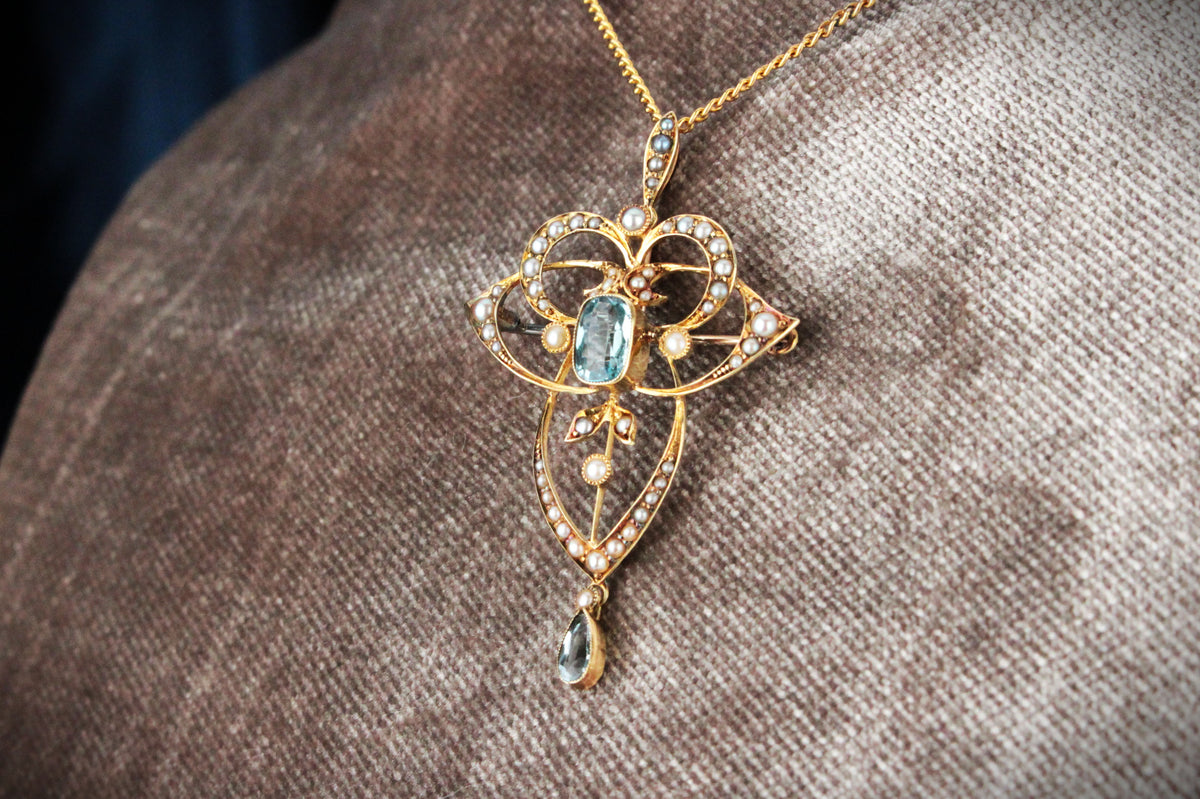 ANTIQUE EDWARDIAN 1912 AQUAMARINE & SEED PEARL PENDANT 15ct GOLD