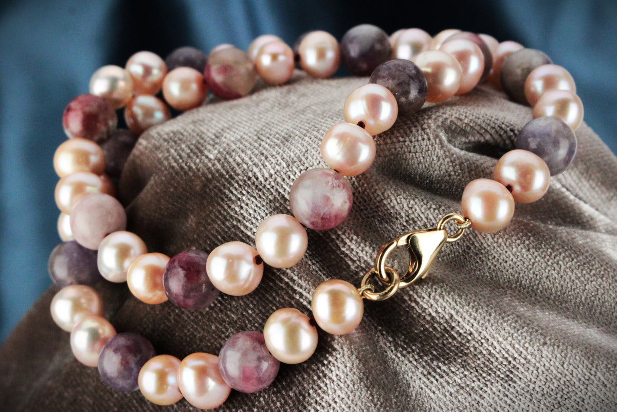 BESPOKE BLUSH PEARL &amp; PLUM TOURMALINE NECKLACE 9ct GOLD