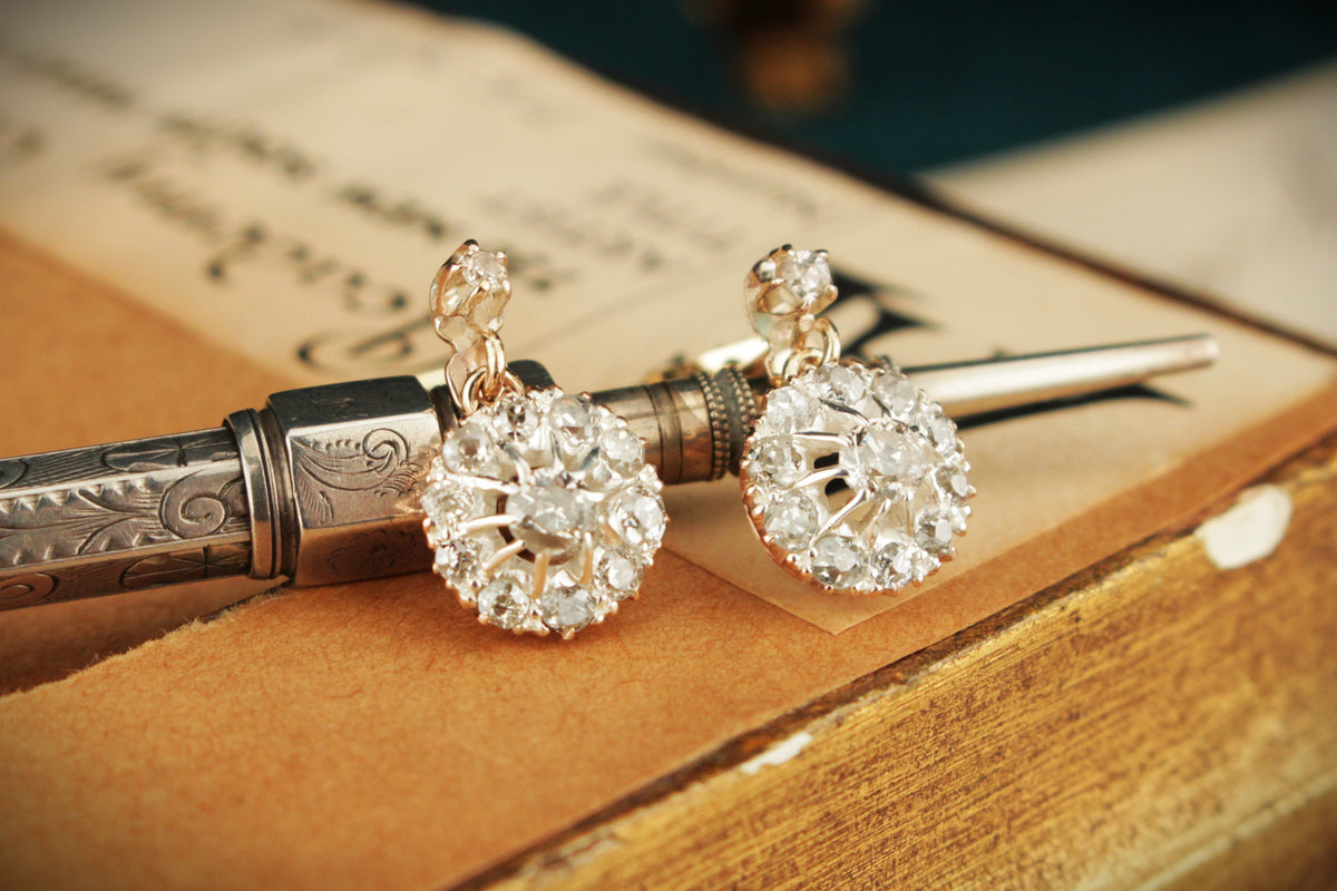 ANTIQUE EDWARDIAN c1910 .80ct DIAMOND EARRINGS 9ct GOLD