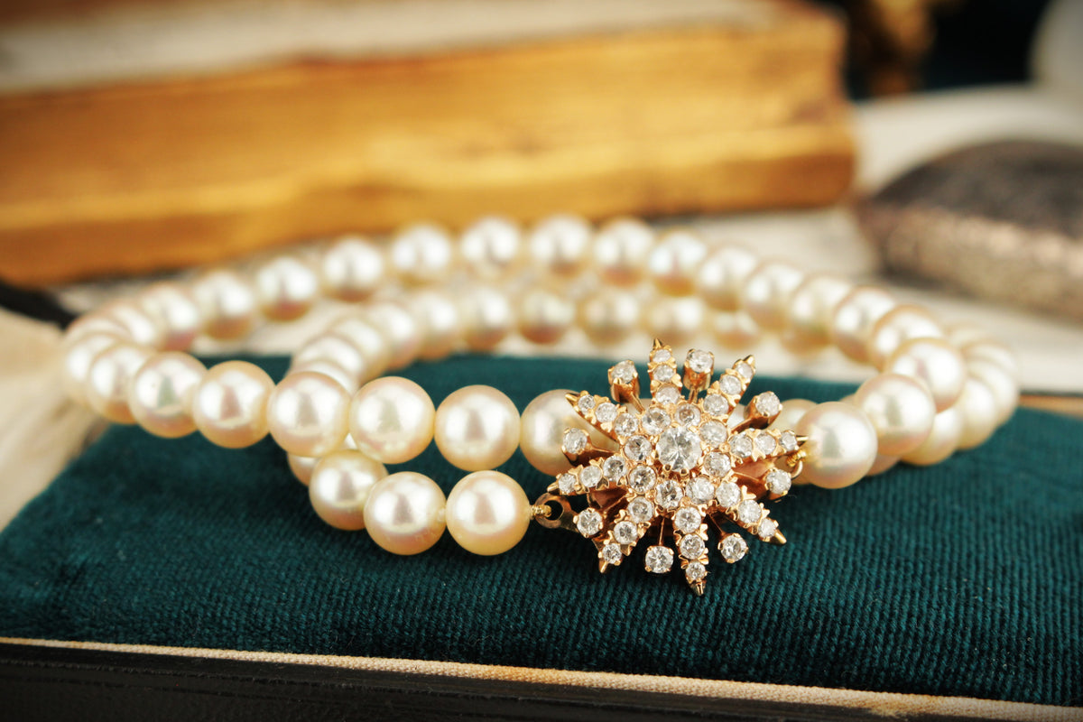 LATE ART DECO c1940 AKOYA PEARL STRAND DIAMOND CLOSURE 14ct ROSE GOLD