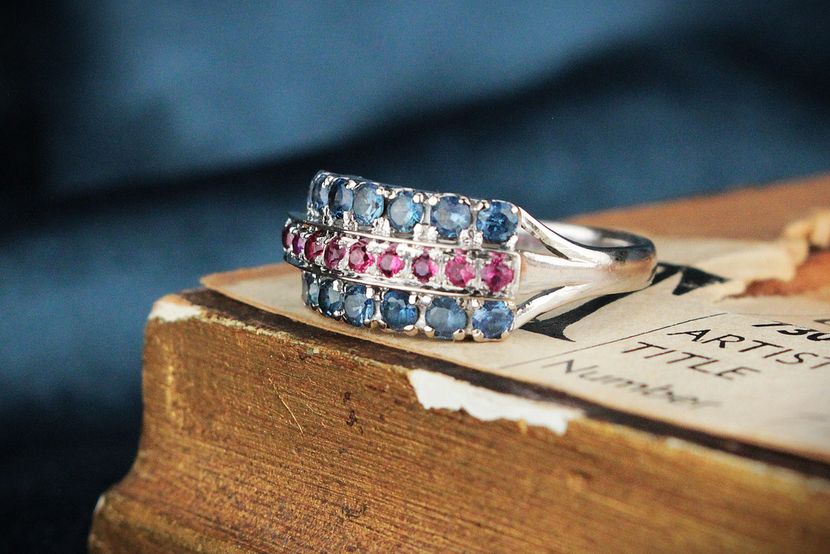 ART DECO CEYLON SAPPHIRE &amp; RUBY RING 14ct WHITE GOLD