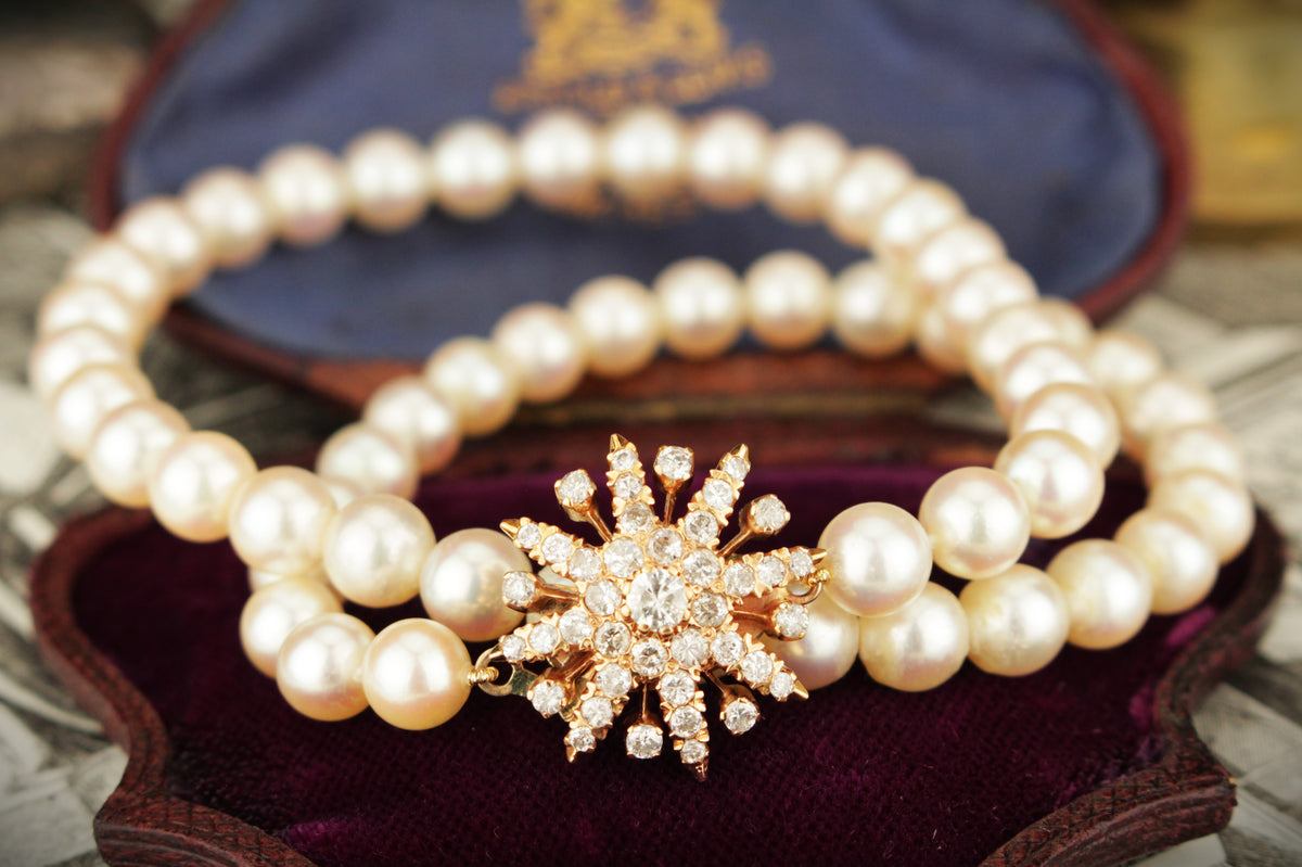 LATE ART DECO c1940 AKOYA PEARL STRAND DIAMOND CLOSURE 14ct ROSE GOLD