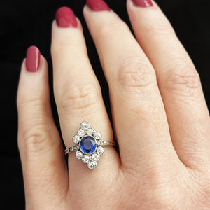 ANTIQUE ART DECO SAPPHIRE & DIAMOND RING 18ct WHITE GOLD
