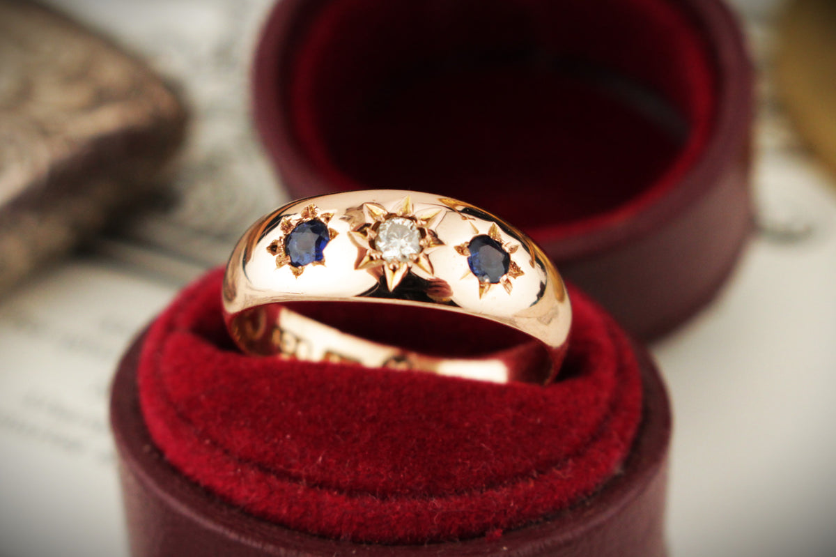 ANTIQUE EDWARDIAN c1900 SAPPHIRE & DIAMOND RING 9ct ROSE GOLD
