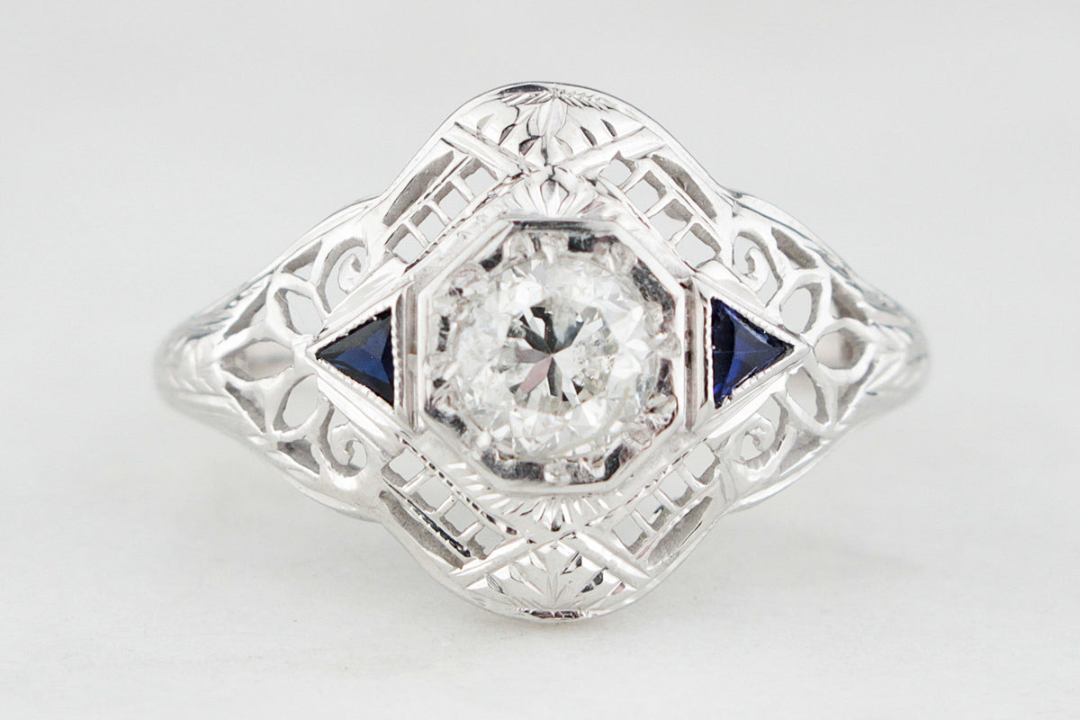 ANTIQUE 1920s .65ct DIAMOND &amp; SAPPHIRE RING 18ct WHITE GOLD