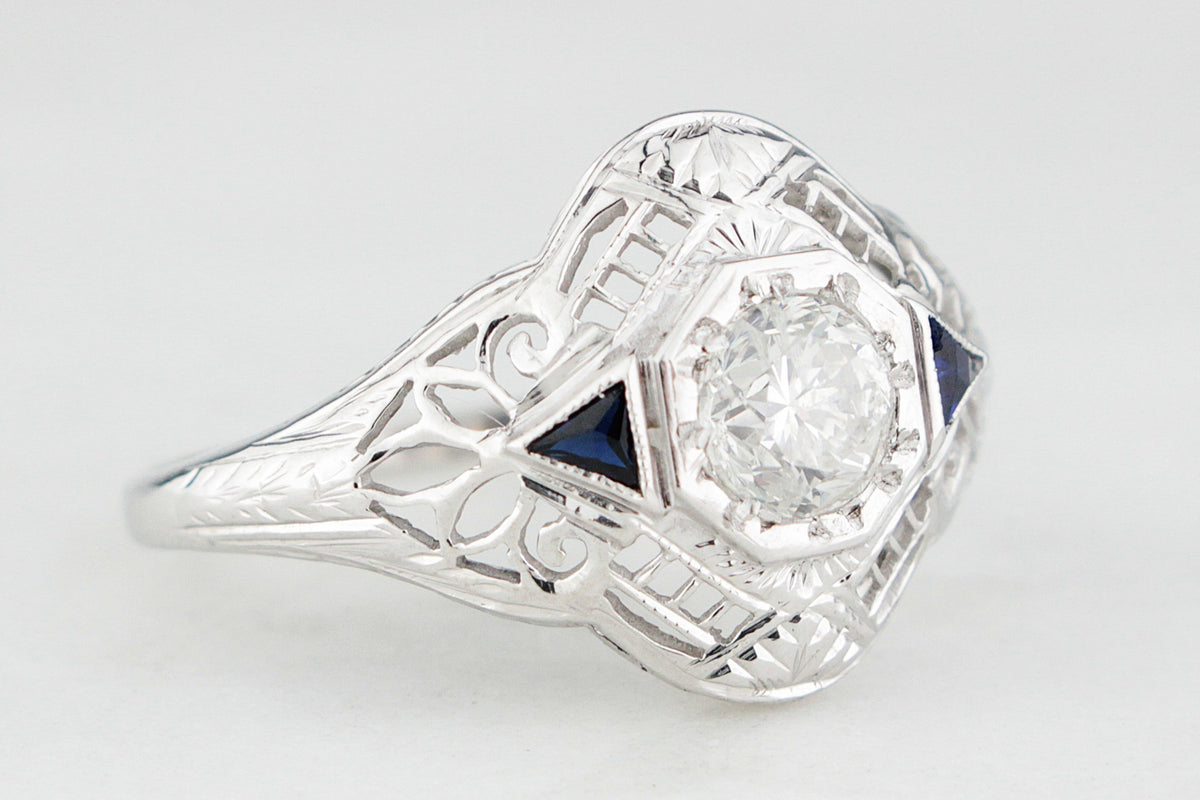 ANTIQUE 1920s .65ct DIAMOND &amp; SAPPHIRE RING 18ct WHITE GOLD
