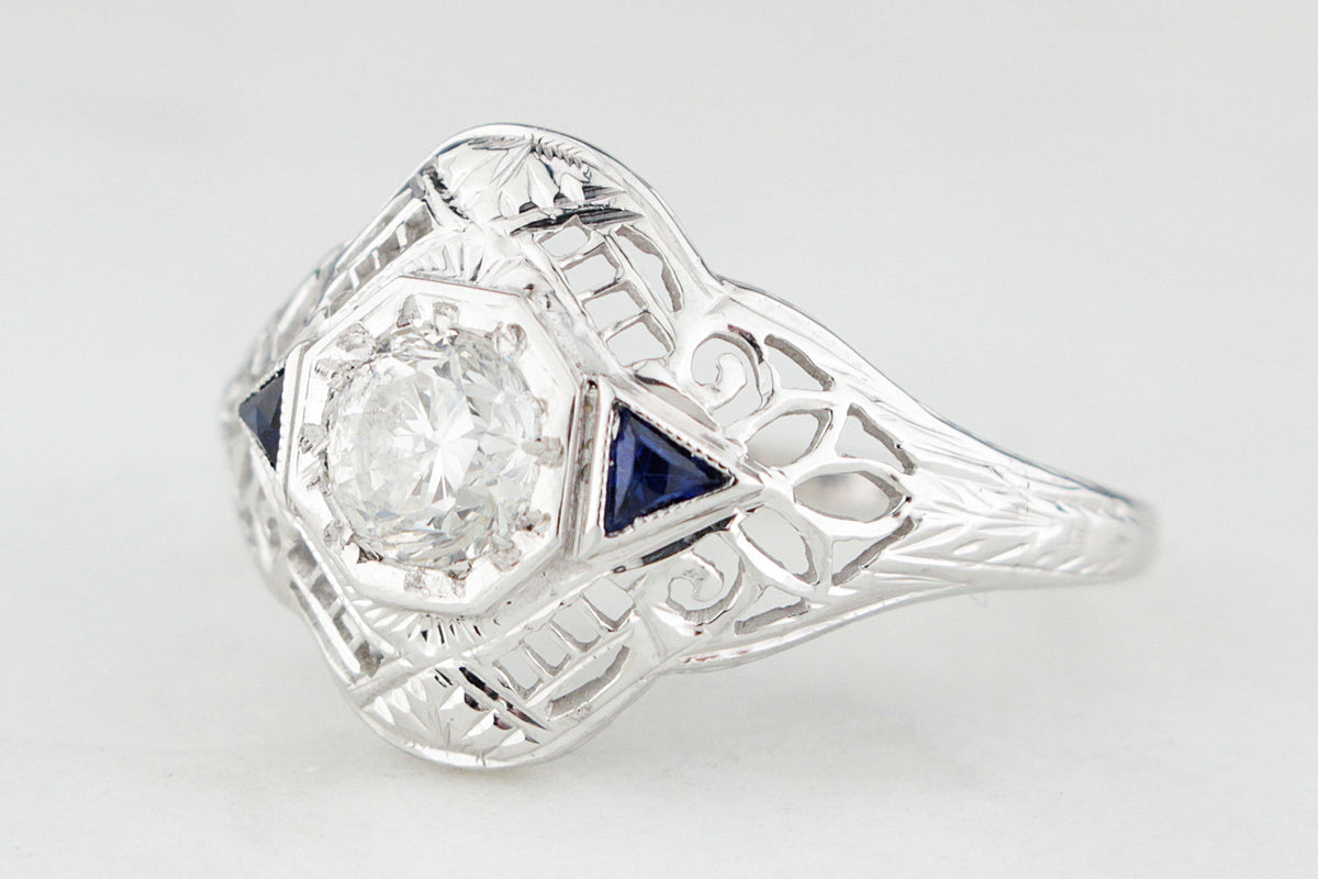 ANTIQUE 1920s .65ct DIAMOND &amp; SAPPHIRE RING 18ct WHITE GOLD