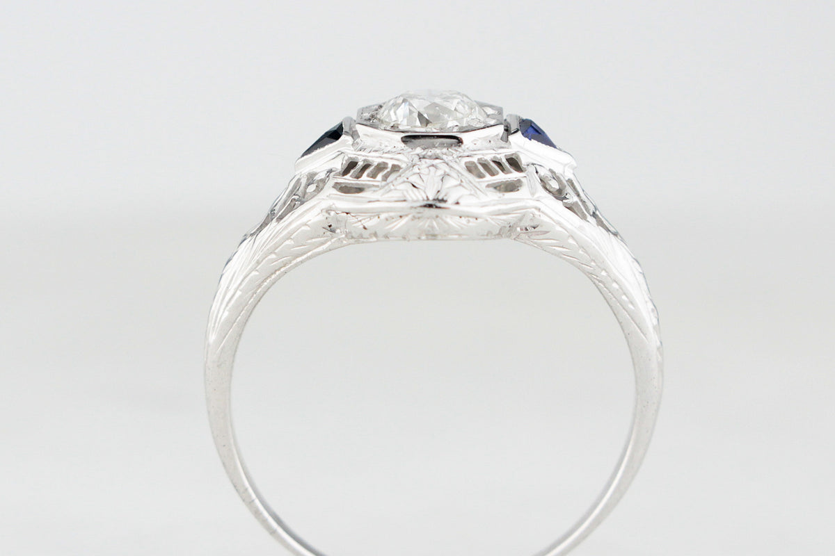 ANTIQUE 1920s .65ct DIAMOND &amp; SAPPHIRE RING 18ct WHITE GOLD